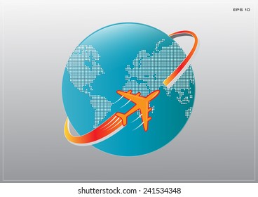 illustration of airplane around Earth map with dotted style, easy to modify