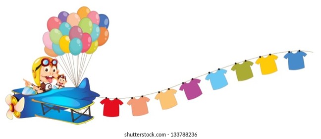 Illustration of an airplane with balloons and hanging clothes on a white background