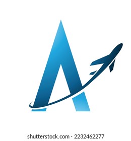 Illustration of Airplane in Blue Flying Around Letter A isolated on a White Background