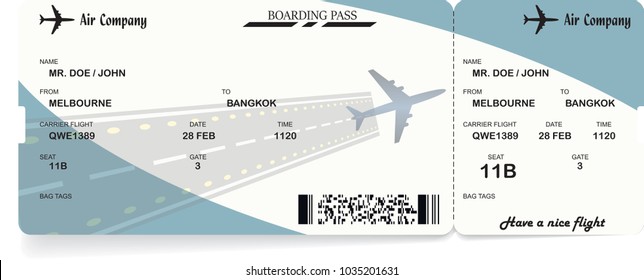 Illustration of airplane boarding pass. Blue flight coupon. Vector airline ticket.