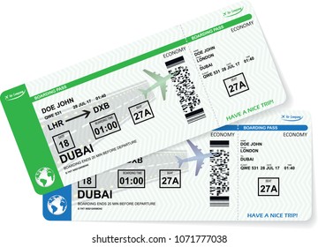 Illustration of airplane boarding pass. Blue and green flight coupon. Vector airline ticket.