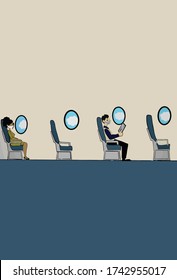 Illustration of airplane cabins in New normal concept of social distance.
Passengers wearing medical masks and sitting on alternate seats to maintain social distancing and to prevent COVID-19. 