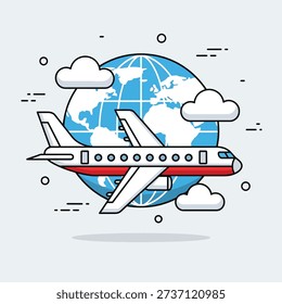 Illustration of an airplane in flight around a stylized globe, with clouds and decorative lines.