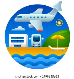 illustration of the airplane flight and hotel summer beach resort icon