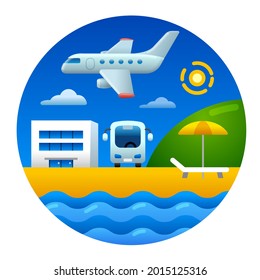 illustration of the airplane flight and hotel summer beach resort icon