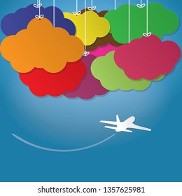 illustration of airplane  fly up and in a colorful cloud. design paper art and handicraft - Vector