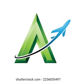 Illustration of Airplane Flying Around a Green Embossed Letter A isolated on a White Background