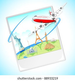 illustration of airplane flying around the photograph of world famous monument