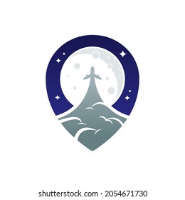 illustration of an airplane flying in front of big moon in a icon location symbol.