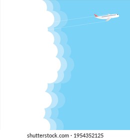 Illustration of airplane flying over blue clouds with copy space on blue background. travel, holiday and summer concept digitally generated image.