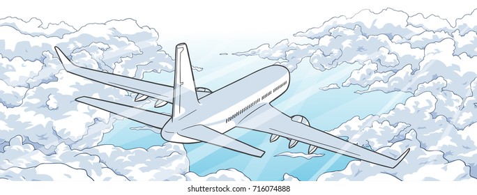 Illustration of airplane flying over clouds