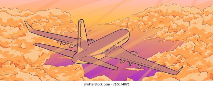 Illustration of airplane flying over clouds in sunset