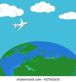 Illustration of airplane flying over Earth. Flat design. Vector illustration