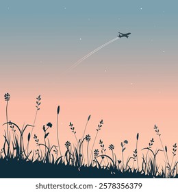 Illustration of an airplane flying over a field at sunset. Vector.
