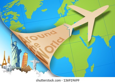 illustration of airplane flying in travel background with monument