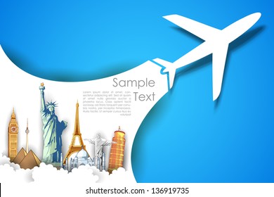 illustration of airplane flying in travel background with monument