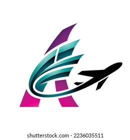 Illustration of Airplane with Glossy Tail Flying Over a Magenta Letter A isolated on a White Background