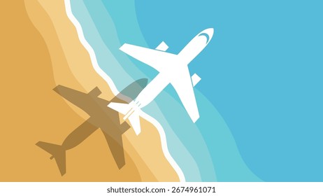 Ilustración de un avión sobrevolando una playa tranquila y las olas del océano, simbolizando viajes, turismo, vacaciones y relajación.
