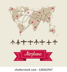 Illustration of airplane icons. flight plans and routes. Silhouettes of airplanes. vector illustration