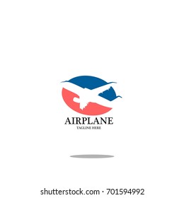Illustration of an airplane logo featuring a sleek airplane silhouette with a circular blue and red backdrop, conveying themes of travel, aviation, and modern design.
