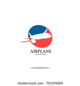 Illustration of an airplane logo featuring a sleek airplane silhouette with a circular blue and red backdrop, conveying themes of travel, aviation, and modern design.