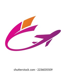 Illustration of Airplane with a Long Orange and Magenta Tail isolated on a White Background