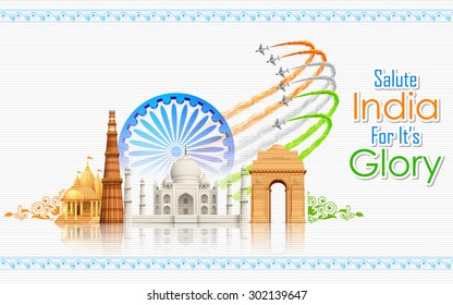 illustration of airplane making Indian flag on monument backdrop