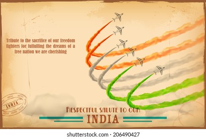 illustration of airplane making Indian tricolor flag in sky