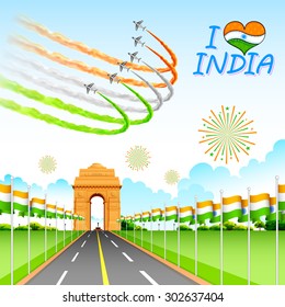 illustration of airplane making Indian tricolor flag around India Gate