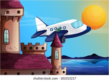 Illustration of an airplane near the castle on a white background
