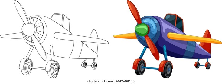 Illustration of an airplane, from outline to color