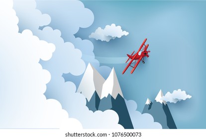 illustration of an airplane over a cloud. design paper art 