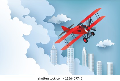 illustration of an airplane over a cloud. design paper art