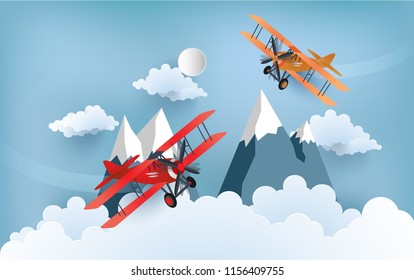 illustration of an airplane over a cloud. design paper art