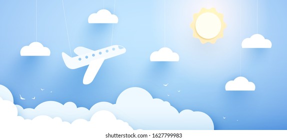 illustration of an airplane over a cloud. design paper art and handicraft