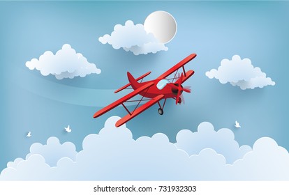 illustration of an airplane over a cloud. design paper art and handicraft