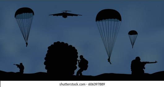 Illustration, airplane and paratroopers.