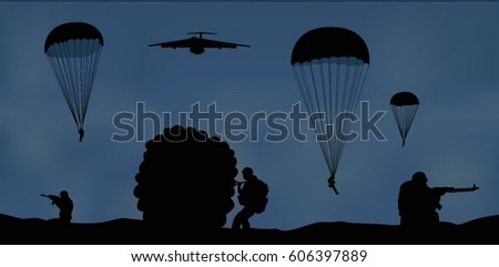 Illustration, airplane and paratroopers.