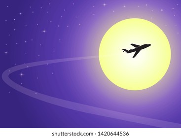 Illustration of airplane silhouette on a moonlit night against a starry sky