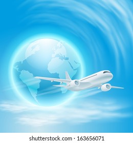 Illustration of airplane in the sky with the globe. EPS10 vector.