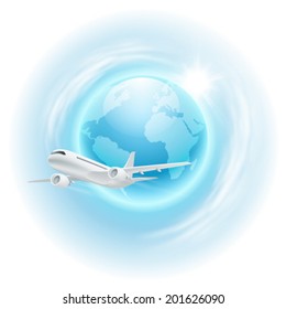 Illustration of airplane in the sky with the globe. EPS10 vector.