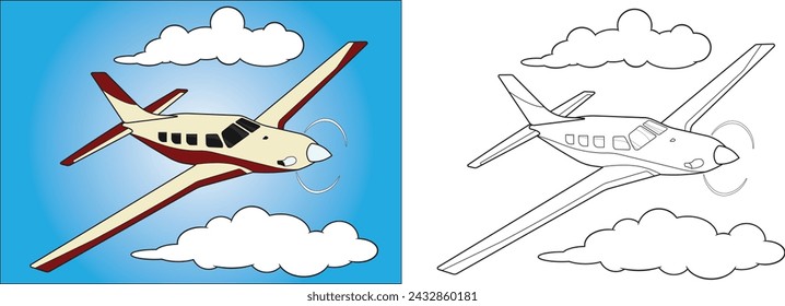 an illustration of an airplane in the sky, vector image, coloring page, main object separated from the background