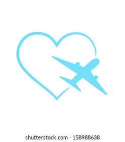 Illustration airplane symbol in shape heart isolated on white background - vector