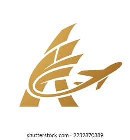 Illustration of Airplane with Tail Flying Over a Golden Letter A isolated on a White Background