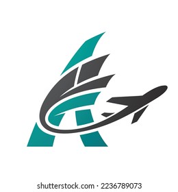 Illustration of Airplane with Tail Flying Over a Green Letter A isolated on a White Background