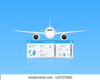 Illustration of an airplane and ticket on a colorful blue background.