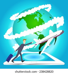 Illustration of airplane travel around the world on tablet vector, Elements of earth map Furnished by NASA.