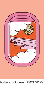 illustration of an airplane wing in the window made in retro style