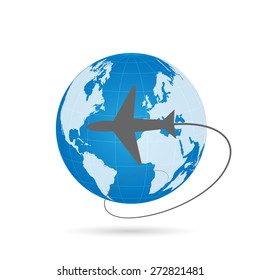 Illustration of an airplane with the world globe isolated on a white background.