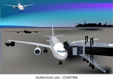 illustration with airplanes in airport